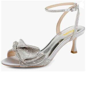 Milooey shoes Silver Glitter Rhinestone Bow Crystal Ankle Strap High Heel Sandal
